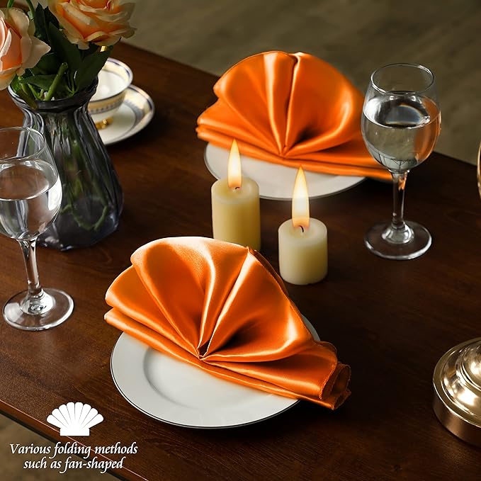 Manyshofu 50 Pieces Burnt Orange Satin Napkins - 12x12 Inches Cloth Napkins, Square Satin Fabric Napkin Set - Soft & Smooth Table Napkins for Wedding Dinner Party Lunch Banquet Restaurant Decoration