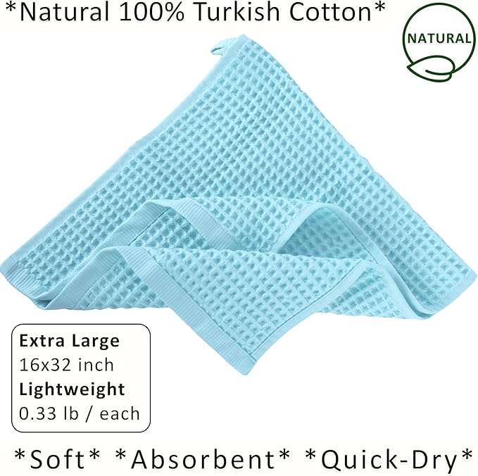 PÜSKÜL Natural 100% Turkish Cotton Waffle Kitchen Towels Set of 3 | Oeko-Tex, Premium Waffle Hand Towels for Bathroom | Soft Absorbent Quick-Dry Lint-Free Dish Towel Large 32x16 inch (3, Turquoise)