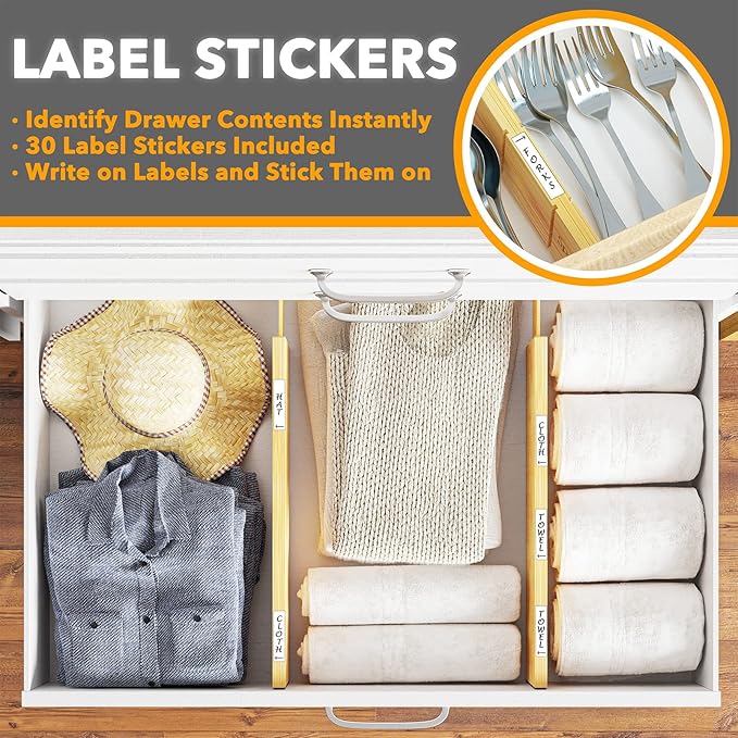 SpaceAid 4“ High Bamboo Deep Drawer Dividers with Labels, Kitchen Adjustable Drawer Organizers, Expandable Organization for Home, Office, Dressers and Bathroom, 2 Dividers (17-22 in)