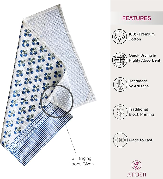 ATOSII 100% Cotton Hand Block Print Waffle Kitchen Towel, Set of 3, 18 x 26 Inches Ultra Absorbent Quick Dry Dish Towels, Reusable Sustainable Tea Towels for Cleaning and Drying, Gulbahar Blue