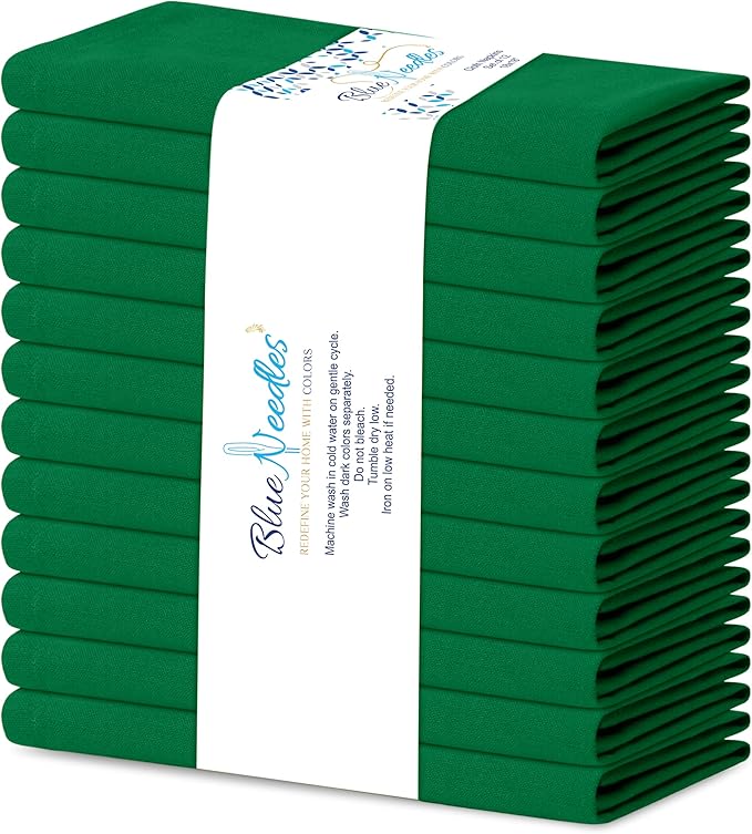 Blue Needles Solid Cloth Napkins Set of 12 St Patrick's Green 100% Cotton Dinner Napkins 18x18 inches - Soft, Reusable, Absorbent & Washable Linen, Ideal for Christmas Events, Parties & Everyday Use