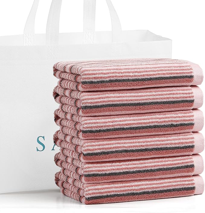 SALAS Kitchen Dish Towels for Drying Dishes, Large Cotton Kitchen Towels, Stripped Terry Dish Cloths, Thick Highly Absorbent Towel Sets with Hanging Loop, 16" X 26", 6 Packs Pink