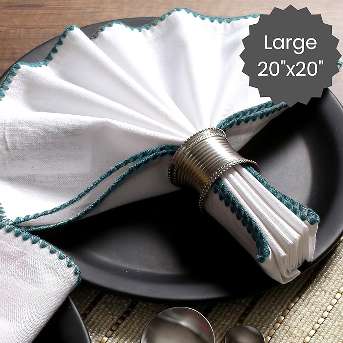Cotton Clinic Cloth Napkins with Trim - Everyday Use Table Dinner Napkins - Soft Durable Washable - Ideal for Dinner Party Wedding Christmas Easter - Set of 12-20x20 inches Teal White Napkins