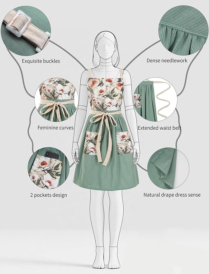 Pinknoke Vintage Pinafore Apron Dress for Women with Pockets Cute Floral Chef Aprons for Kitchen Cooking Baking Gardening
