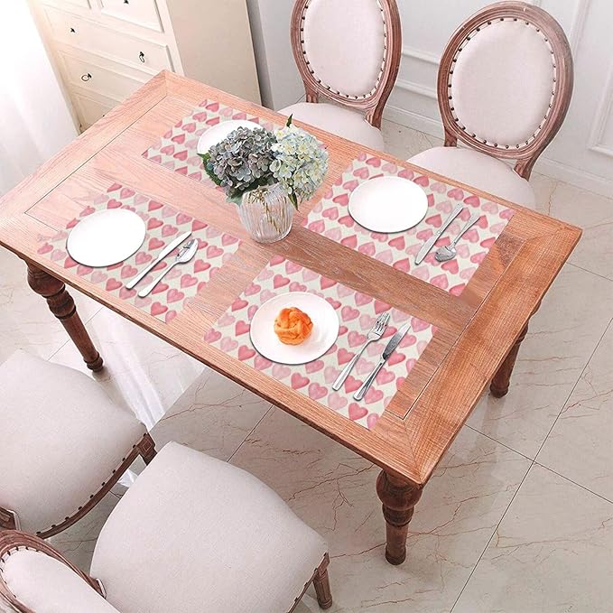 Valentine's Place mats Set of 4,12x18 Inches Valentine's Decor Pink Love Heart Placemats Rectangle Mother's Day Wedding Anniversary Decoration Table Mats for Party Home Kitchen Dining Table