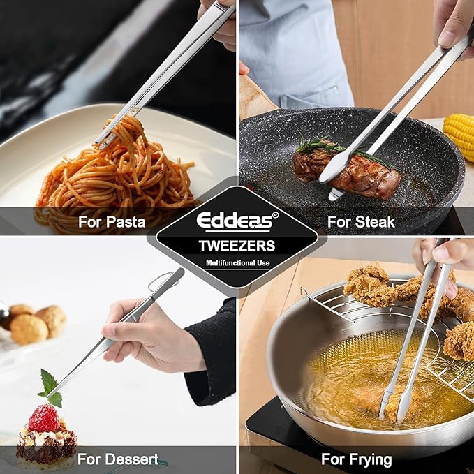 Eddeas Kitchen Tweezers Tongs, Cooking Tweezers Stainless Steel - 3 Size 12'' 10'' & 8 inch Ideal for Meat, pasta, plating and pinching delicate small pieces of food, Set of 3