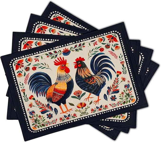 Vintage Rooster Placemats Set Farmhouse Chicken Linen Table Mat Washable Place Mats for Dining Kitchen Party Decor