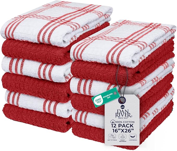 DAN RIVER Premium Kitchen Towels - [Pack of 12] 100% Cotton (16x 26 Inches) -Super Soft,Highly Absorbent, Quick Dry, Dish Towels for Kitchen Towels -Red