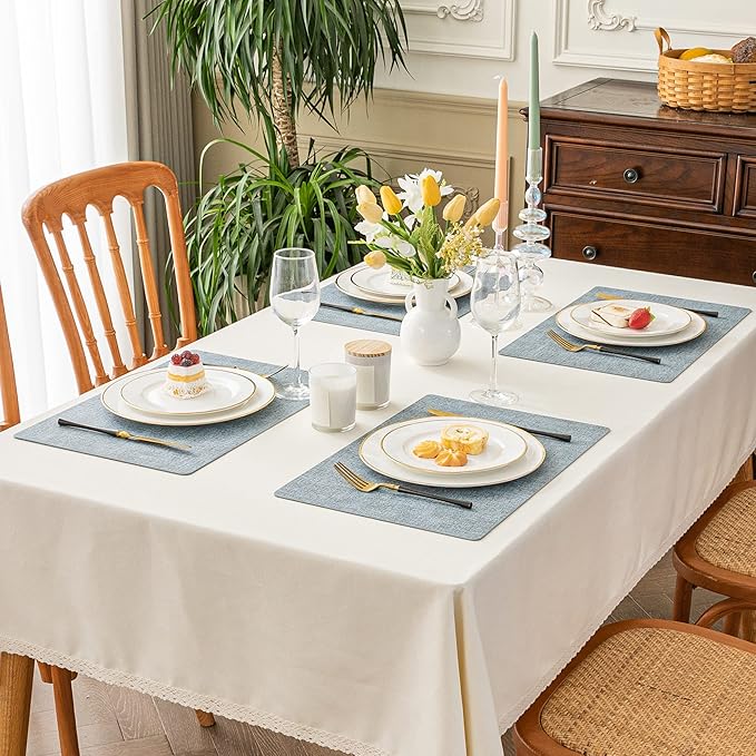 Romanstile Vinyl Placemats Set of 4-12 X 17 Inch - Faux Leather 100% Waterproof Oil-Proof Wipeable Place Mats, Heat Resistant Reversible PU Table Mats for Kitchen Dining Party Outdoor, Sky Blue