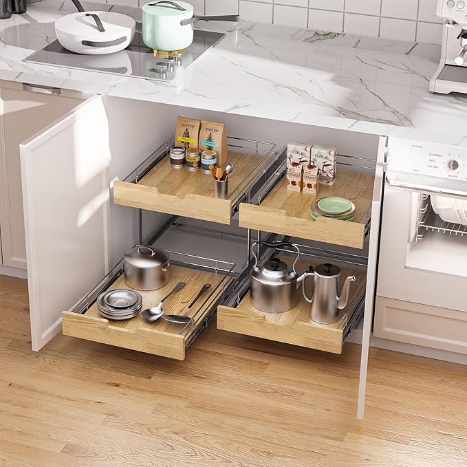 Sikarou Pull Out Cabinet Organizer,Heavy-Duty Slide Out Shelf, Wood and Wire Basket, Pull Out Drawer for for Kitchen Under Sink Space, Pantry, Bathroom, 2 Tie 11 * 21 in