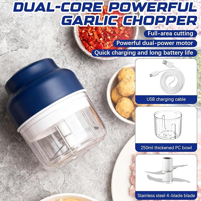 Electric Garlic Chopper,Upgrade Electric Mini Garlic Chopper Set,New Small Garlics Choppers Mincer,USB Rechargeable,Wireless Veggie Grinder,for Mashing Onion,Garlic,Chili,Ginger(Blue,250ML)