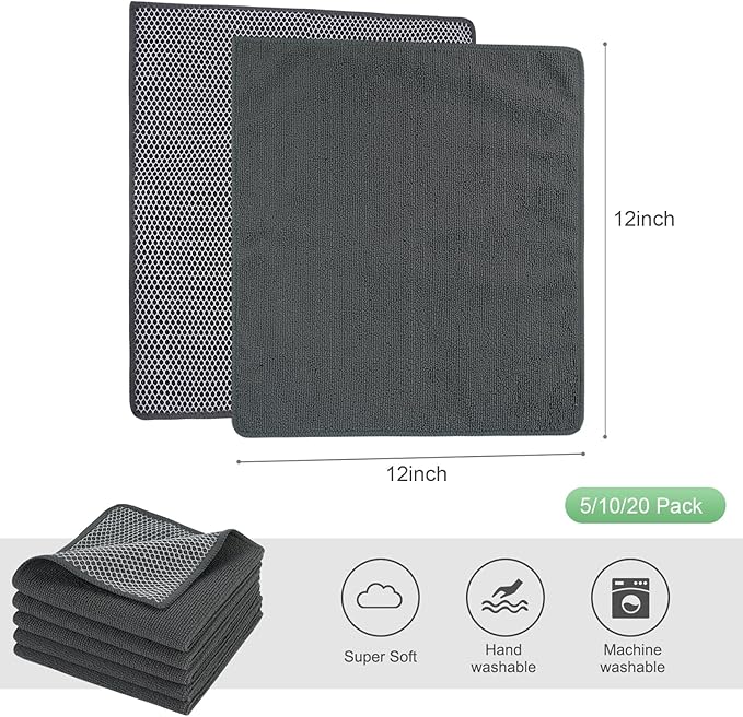 SINLAND Microfiber Dish Cloth Kitchen Washcloth Best Kitchen Cloths Cleaning Cloths Poly Scour Side 12"x12" 20Pack Dark Grey