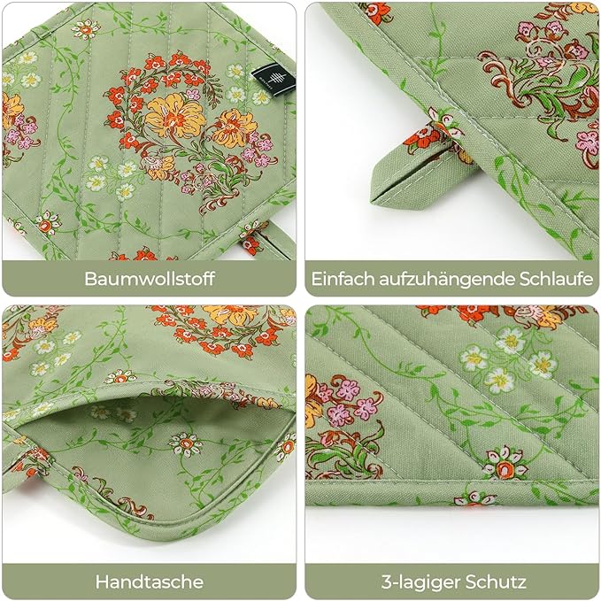 BONTHEE Pot Holders for Kitchen Heat Resistant Hot Pads for Countertops Oven Pot Holders Cotton Potholders for Kitchen Cooking Baking (Sweet Flowers)