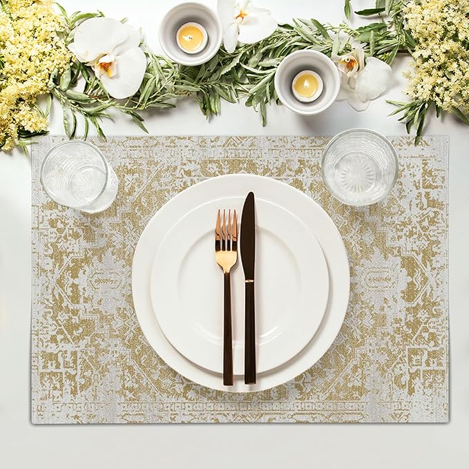 aportt Gray Tan Boho Placemats Set of 6 Ethnic Bohemian Carpet Place Mats Washable Kitchen Dining Vintage Grey Geography Floral Linen Table Mats Stain Heat-Resistant for Home Party Indoor 12x18 in