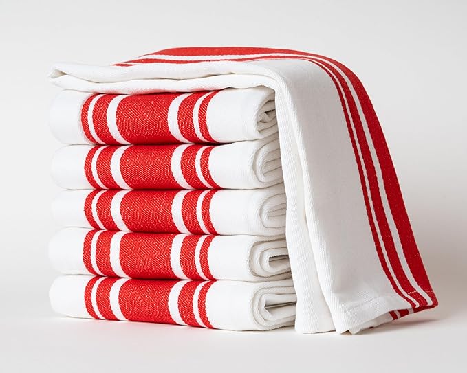 Kitchen Towels Set – Pack of 6 (20’’ x 30’’) Extra Large Premium Cotton Dish Towels for Kitchen – Super Striped Towels – Absorbent – 100% Cotton – Hanging Loop – Red