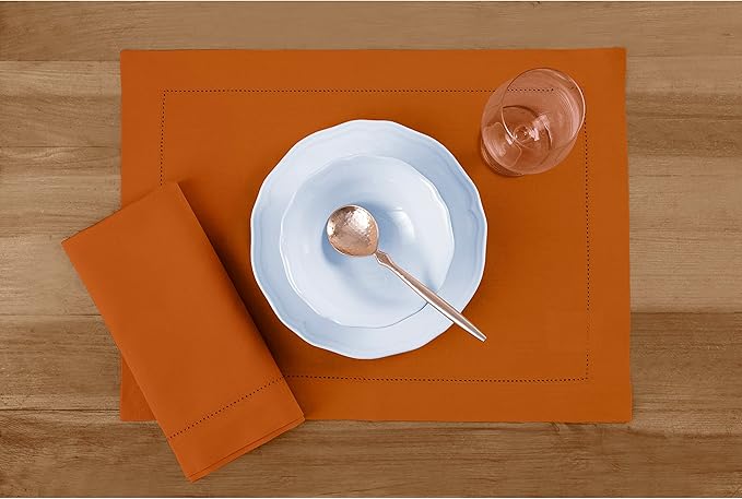 Solino Home Cotton Linen Placemats Set of 4 - Hemstitch Cinnamon Placemats 14 x 19 Inch - Machine Washable Table Mats for Mothers Day