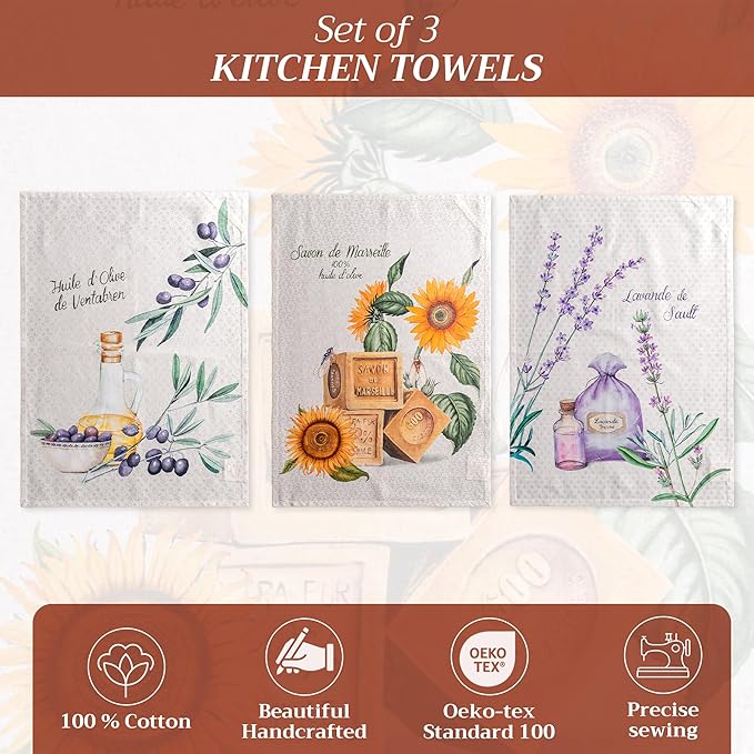 Maison d' Hermine Kitchen Towels Set of 3 100% Cotton 27.50" x 20" Reusable Cloth Tea Dish Towels Absorbent with Hanging Loop for Kitchen Gifts for Mothers Day Spring/Summer (Fanny)