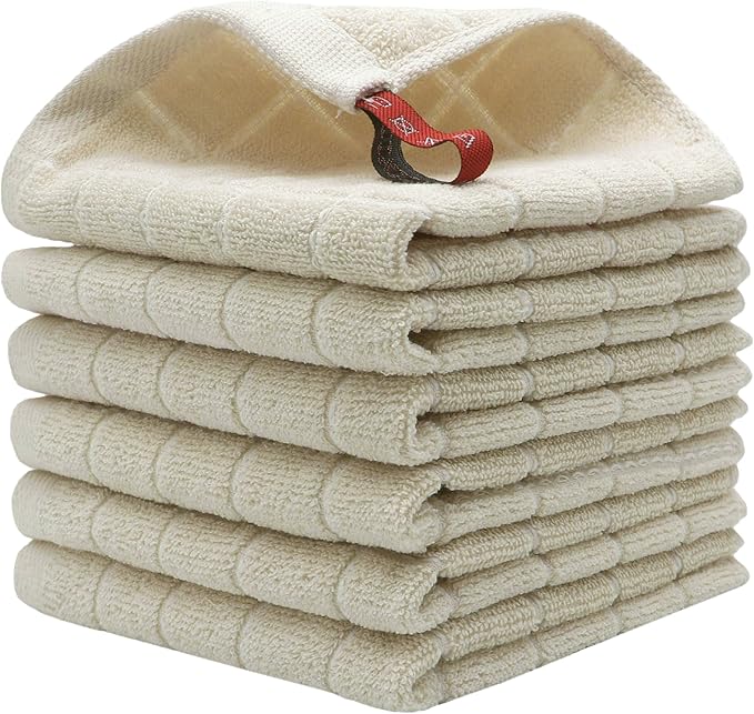 Cotton Terry Dish Cloths, Absorbent Dish Towels for Kitchen Drying, Soft Wash Cloths Multipurpose Dish Rags for Washing Dishes, 12 x 12 Inches, Set of 6 (Beige)