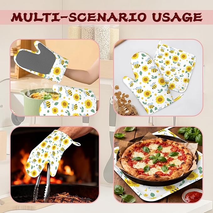 Cute Bee Sunflower Heat-Resistant Silicone Oven Mitts and Pot Holders 4 Piece Set,Extra Long Non-Slip Kitchen Oven Gloves for Cooking, Baking, BBQ,Grilling