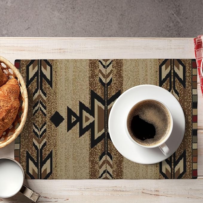Brown Black Boho Placemats Set of 4 Rustic Aztec Western Decor Place Mats 12x18 Inch Beige Tribal Native Geometic Decorative Linen Table Mats for Home Kitchen Dining Party Table Decoration