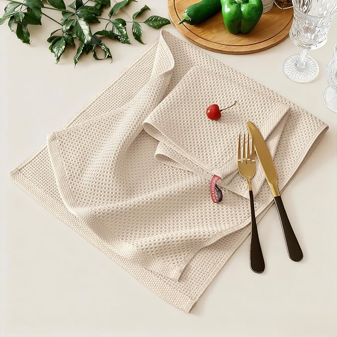 Kitinjoy 100% Cotton Kitchen Towels and Dishcloths Set, 8 Pack-13" x 28" and 12" x 12" Waffle Weave Dish Towels, Ultra Soft Absorbent Quick Drying Dish Rags, Beige
