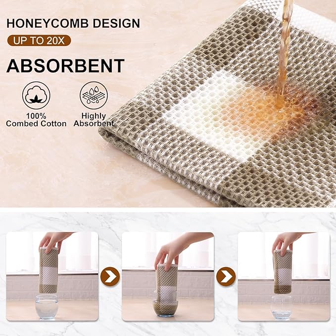 Mordimy 100% Cotton Waffle Weave Plaid Dish Cloths, 12 x 12 Inches, Super Soft and Absorbent Quick Drying Buffalo Check Dish Rags for Kitchen, 12-Pack, Khaki & White