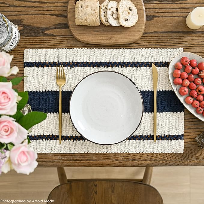 Artoid Mode Dark Blue Farmhouse Woven Rustic Placemats Set of 4,12x18 Inch Seasonal Holiday Hollow Table Mats Party Kitchen Dining Decoration