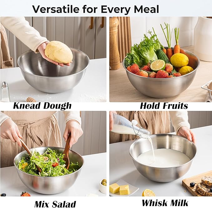 Stainless Steel Mixing Bowl and Colander Set, Multipurpose Kitchen Basket with Fine Mesh Colander, Salad Mixing Bowl with Strainer,3.5 Qt Large Capacity For Rice Fruit Vegetable (Stainless Steel)
