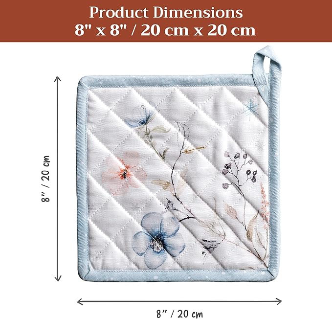 Maison d' Hermine Pot Holders 100% Cotton Heat Resistant Potholders 8" x 8" Hot Pads with Loop for Thanksgiving Christmas Decorations BBQ Cooking Baking Handling Hot Pans (Pack of 1, Ice Florals)