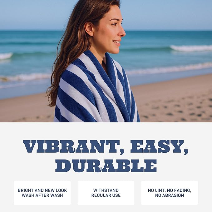 White Classic Stripe Cabana Beach Towels Oversized 2 Pack, Cotton Bath Towel Large - Luxury Plush Thick Hotel Swim Pool Towels for Adults Super Absorbent Quick Dry - 35x70 Mild Navy Blue | 2 Pack