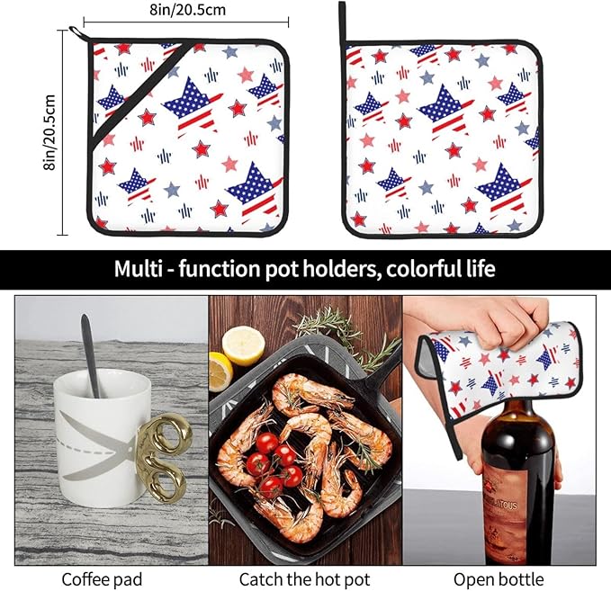 Christmas Potholders,4Th of July Patriotic Pot Holder Set Blue Stars Strip Kitchen Decor Cooking Heat Resistant Hot Pads for BBQ Baking Grilling(8"x8")