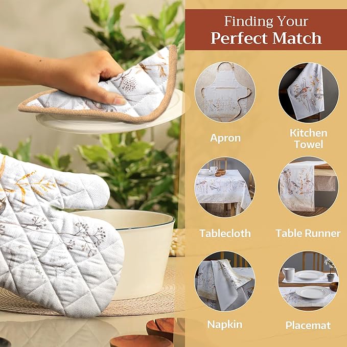 Maison d' Hermine 100% Cotton Oven Mitt & Pot Holder Set (7.5"x13" & 8"x8") Heat Resistant BBQ Cooking Gloves with Loop Baking Kitchen Gifts for Mothers Day Spring/Summer (Meadow Florals - Beige)
