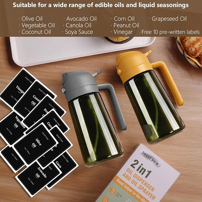 SWEET VIEW 2PCS Olive Oil Dispenser and Oil Sprayer – 16oz/470ml Glass Light-Proof Oil Pourer for Kitchen Air Fryer, Cooking, Salad, and BBQ, with Stickers