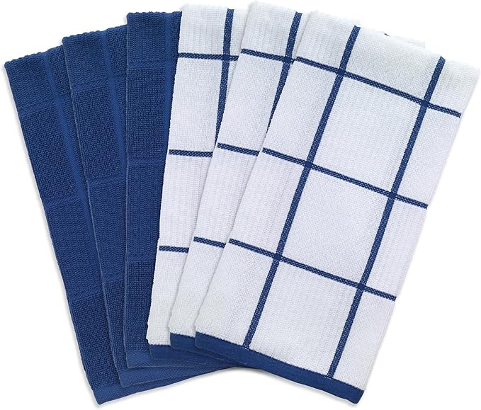 T-Fal Solid & Checked Parquet Kitchen Towels: Highly Absorbent, Super Soft Long Lasting - 100% Cotton, 16"x26" Dish Towels for Cleaning & Drying Dishes, Pans, Glassware, Countertops, 6-Pack, Blue