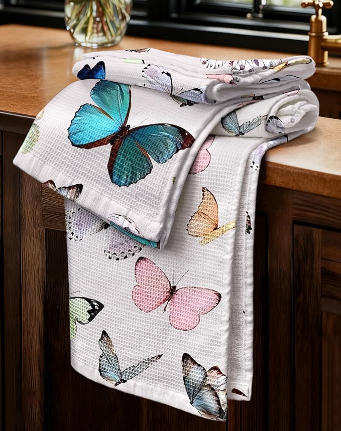 Miss Adola 2pcs Waffle Kitchen Towels - 16x26 Inch Cotton Waffle Weave Dish Cloths Set of 2 with Hanging Loop Absorbent Hand Tea Towels Whimsical Design for Housewarming Gift, Morpho Butterfly