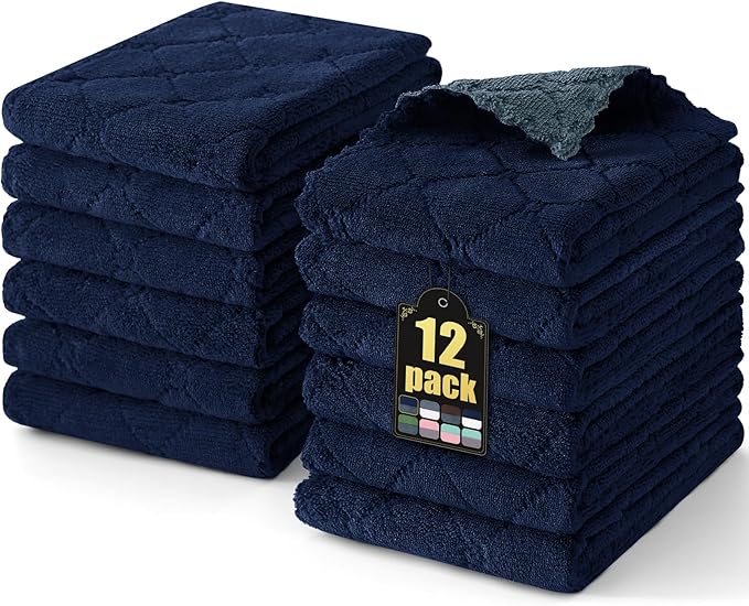 Mordimy 12 Pack Kitchen Towels (20" x 10", Dark Grey & Navy Blue), Super Soft and Absorbent Dish Towels, Coral Velvet Microfiber Cleaning Cloth, Nonstick Oil Fast Dry Dish Cloths