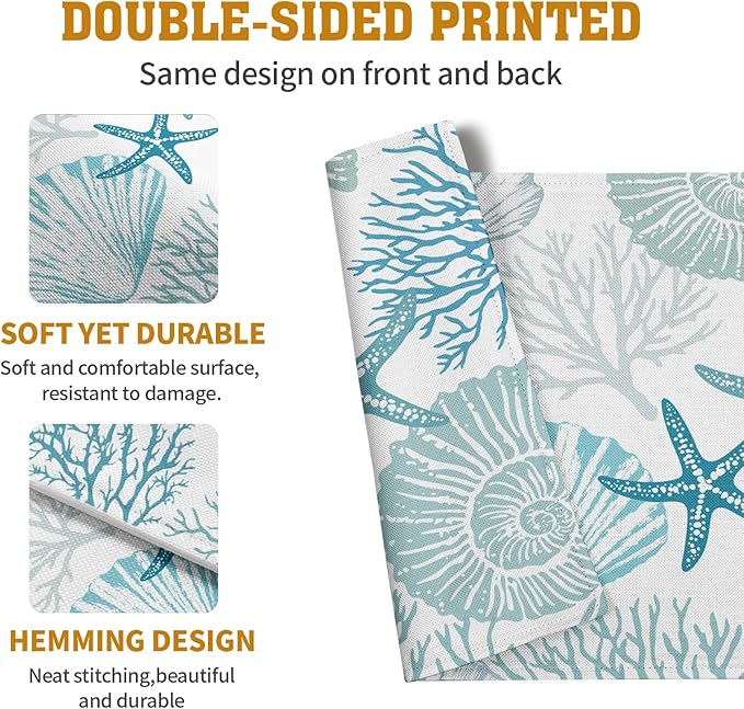 Nautical Coastal Blue Placemats Set of 4 Summer Teal Turquoise Beach Theme Linen Table Mats Ocean Coral Seashell Starfish Decorative Place Mats for Party Kitchen Dining Outdoor Indoor Decor