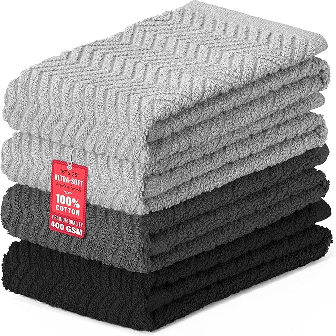 DecorRack 100% Cotton Kitchen Towels, 15" x 25" Absorbent Dish Towels [Premium Quality 400 GSM] Monotone Set (Pack of 4)