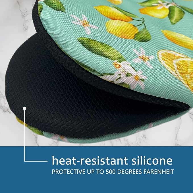 Lemon Mini Silicone Oven Mitts 2-Pack Set, Heat Slip Resistant Kitchen Gloves, Soft Short Oven Mittens for Safe Cooking Baking Grilling