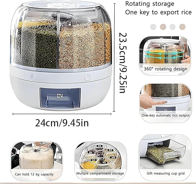 Rotating Grain Storage Bin 6 Grids Rice Container One-Click Output Large Capacity Food Dispenser For Rice Grains Sealed Moisture Proof Organizer (Small)