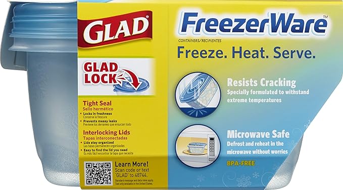 Glad Gladware Freezerware Food Storage Containers, Large Rectangle Holds 64 Ounces of Food, 2 Count Set | Tupperware, Plastic Food Container, Meal Prep Container, Plastic Containers with Lids