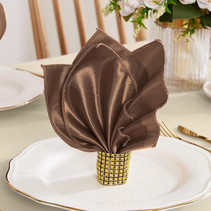 RUDONG M 100 Pcs Chocolate Brown Satin Napkins and Napkin Rings Set, 17 x 17 Inch Square Cloth Napkins Set of 50, Silky Soft Table Napkins Bulk for Weddings, Banquet, Parties Dinner Decoration
