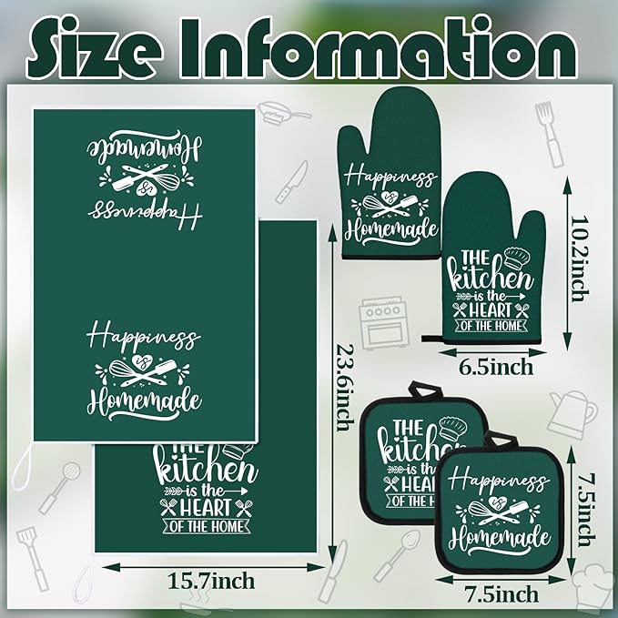 Sratte 6 Pcs Kitchen Decor Accessories Set Farmhouse Towels Pot Holders Oven Mitts Set 2 Dish Towels 2 Potholders 2 Cooking Mittens Oven Glove for Christmas Baking Cooking(Dark Green,Kitchen)