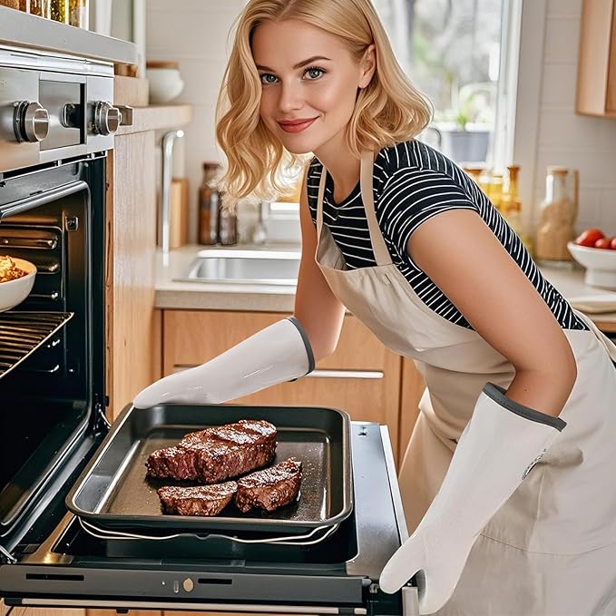 Silicone Oven Gloves- 15" Extra Long, Heat Resistant Oven Gloves with Fingers, Kitchen Oven Mitts Smoker Gloves for Baking, Grilling, Cooking, Food Grade, Waterproof (10/XL)