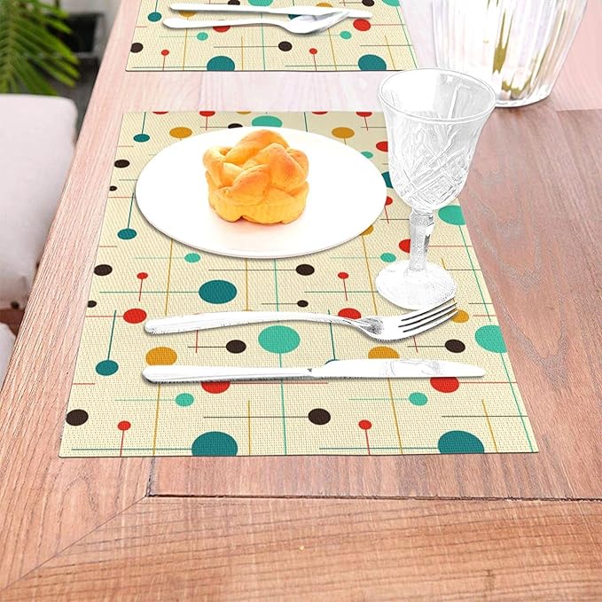 Mid Century Modern Placemats Set of 4, Washable Yellow Retro Table Mats for Kitchen Dining Table Outdoor Holiday Party Home Decor, Heat Resistant Linen Place Mats 12"x18"