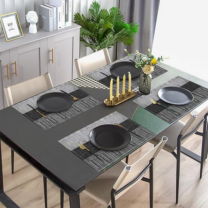 Niviy Black Placemats Set of 4, 12x18 Inch Washable Easy to Clean Heat-Resistant Anti-Skid Indoor Outdoor Table Mats for Holiday Party Kitchen Dining Room Decoration