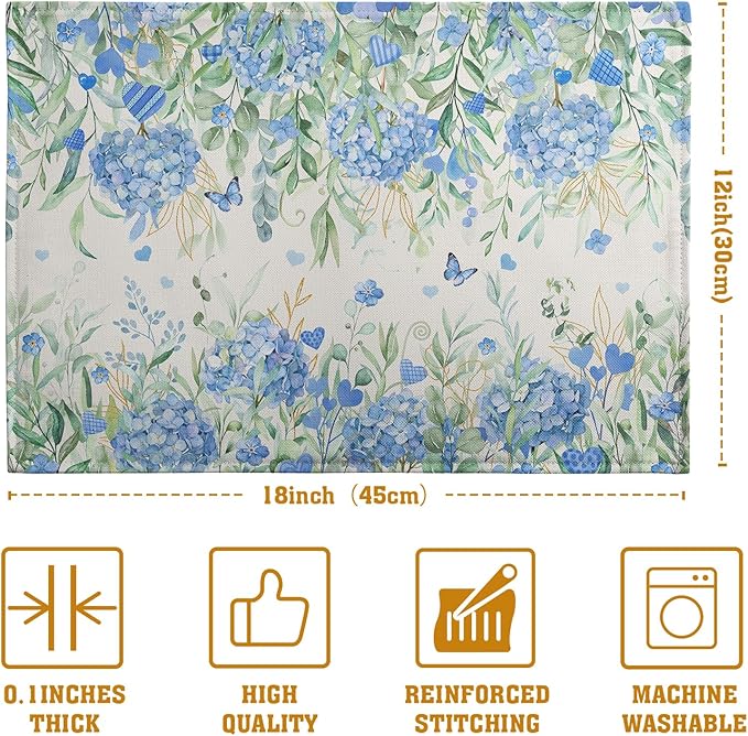 Hydrangea Spring Summer Placemats Set of 4 Sage Green Eucalyptus Leaves Blue Floral Butterfly Placemat 12x18 Inch Seasonal Holiday Table Place Mats for Farmhouse Kitchen Dining Decor