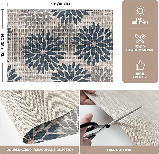 Artoid Mode Floral Vinyl Placemats Set of 4, Heat Resistant Washable Non-Slip Plastic PVC Place Mats for Party Kitchen Dining Decor, Blue Grey