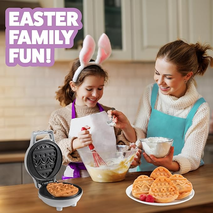 Mini Easter Egg Waffle Maker- Make Double Sided Waffles or Pancakes w 2 Different Floral Designs, Ready to Decorate & Frost, Breakfast Fun for Kids & Adults - Basket Stuffer Gift, Egg Hunt Surprise