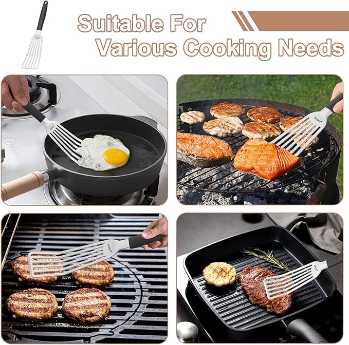 Beijiyi Fish Spatula, 13.5" Stainless Steel Slotted Turner with Silicone Handle, Metal Spatula for Cast Iron Skillet, Kitchen & Grilling Cooking Fish, Egg and Burger, Dishwasher Safe